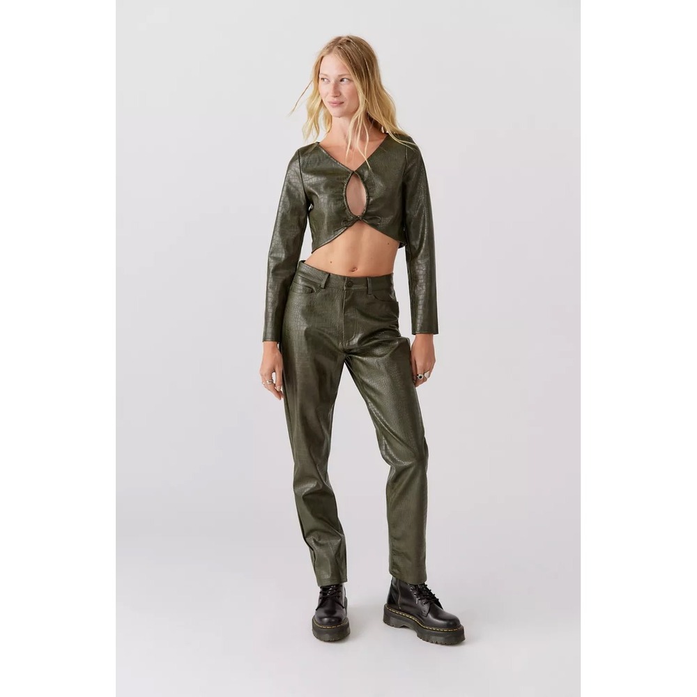 Hosbjerg Scandinavian Haze Croc Vegan Leather Straight Leg Pants Green M